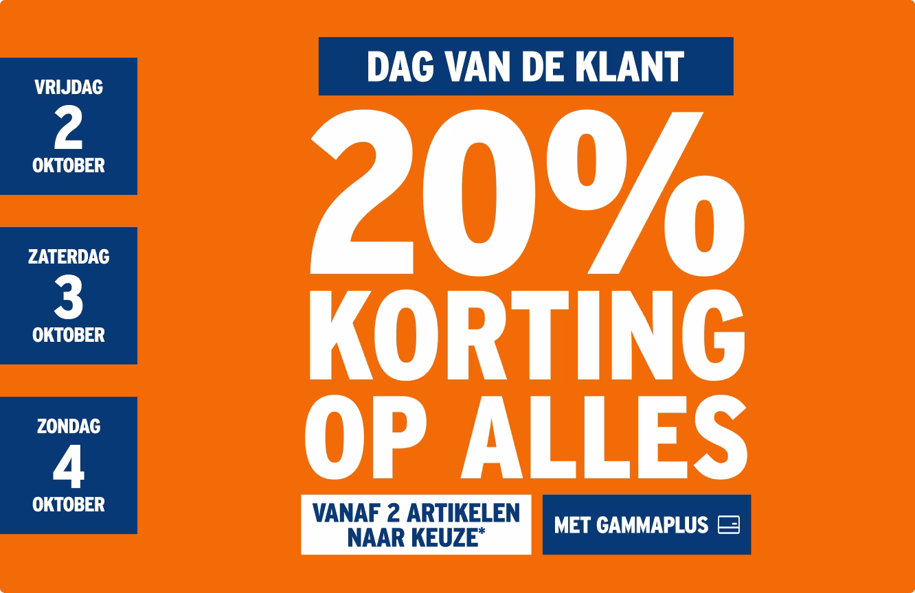 Oranje promotie-afbeelding met 20% korting op alles tijdens Dag van de Klant, 2-4 oktober, met Gammaplus-kaart.
