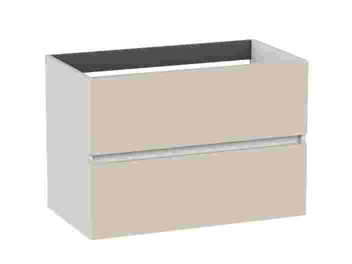 Modern badkamermeubel met twee beige lades en witte zijkanten, zonder wastafel of bovenkant.