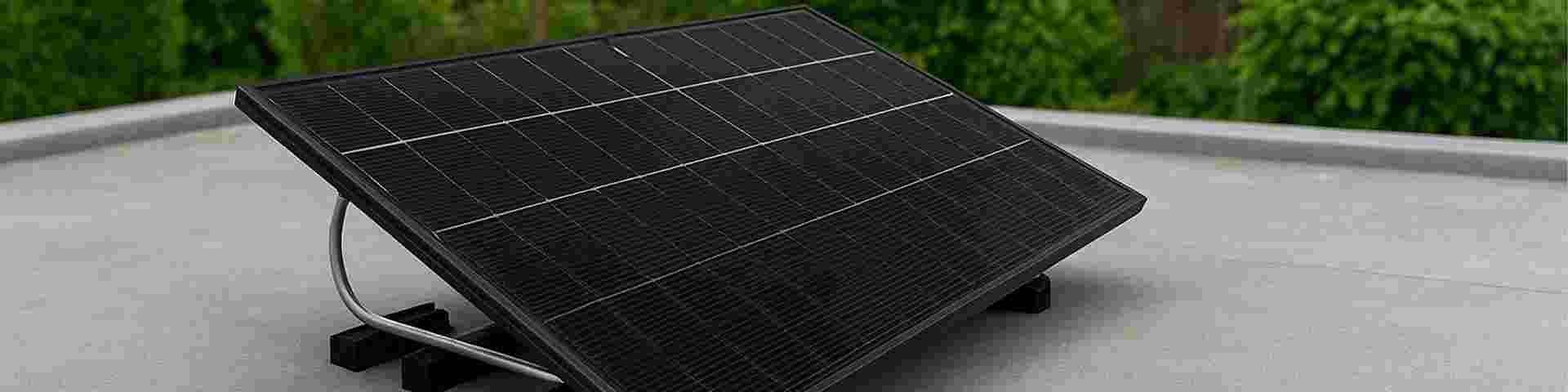 Panneau solaire noir incliné sur un support, posé sur une surface en béton, avec des arbustes verts en arrière-plan.