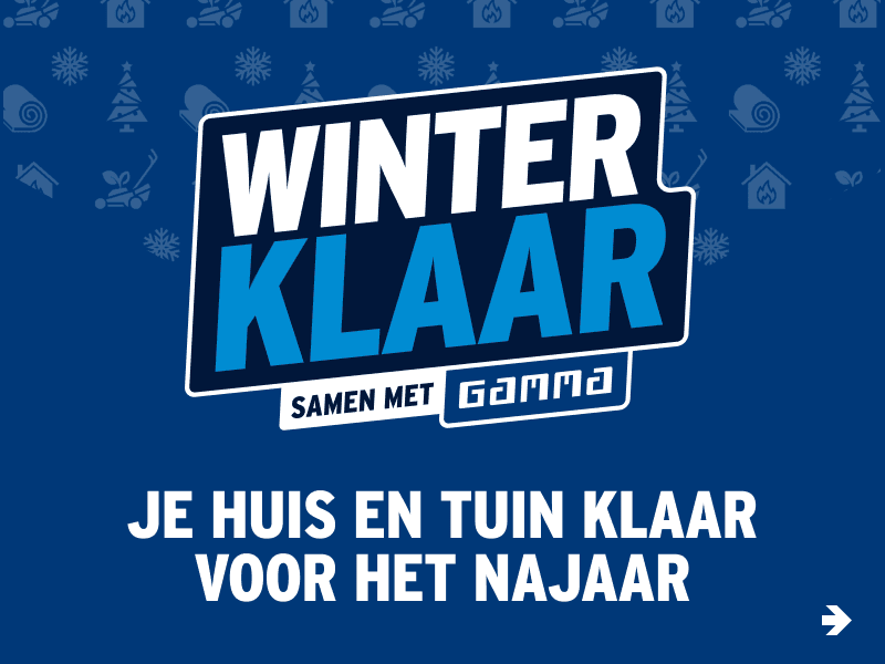 Winterklaar campagne logo met Gamma branding op blauwe achtergrond met winterse pictogrammen en tekst over huis en tuin klaar maken.
