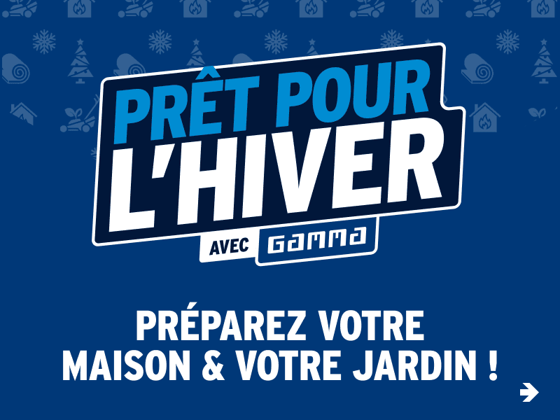 Bannière publicitaire bleue avec texte "Prêt pour l'hiver avec Gamma" et motifs hivernaux en arrière-plan.