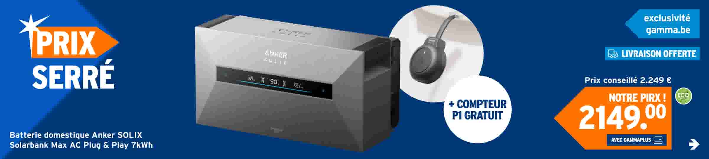 Batterie domestique Anker SOLIX grise et noire sur fond bleu avec compteur Pi gratuit et prix promotionnel de 2149€.