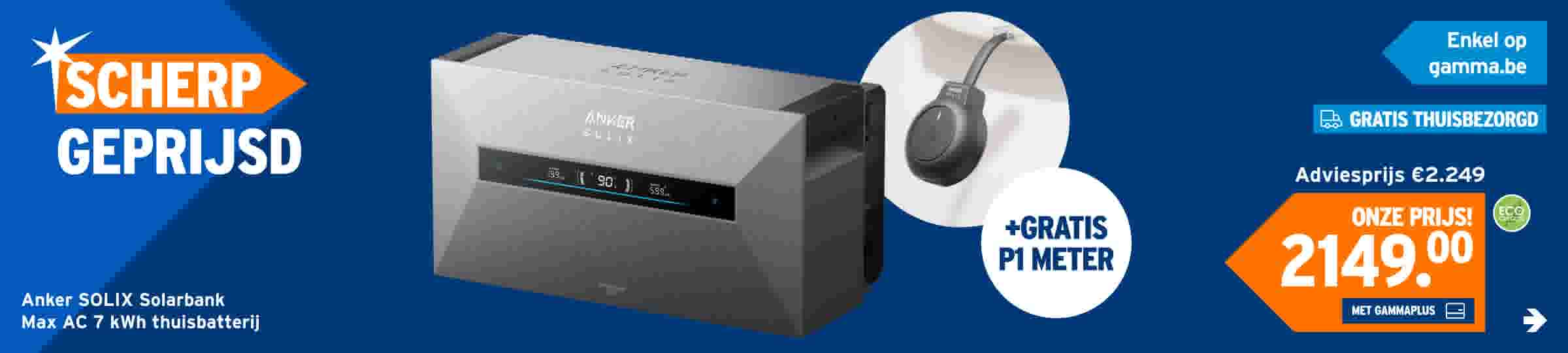 Anker SOLIX Solarbank Max AC 7 kWh thuisbatterij in grijs en zwart met gratis P1 meter op blauwe achtergrond.