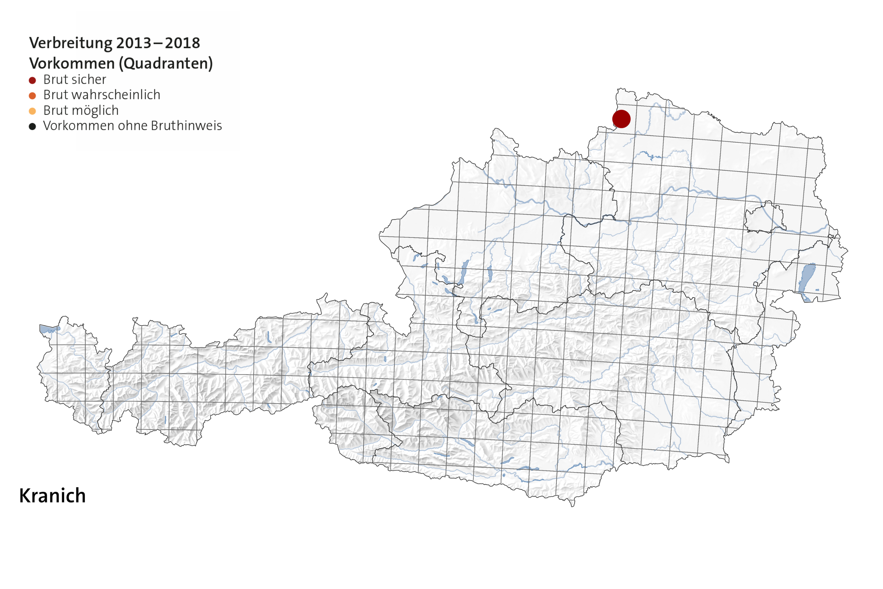 Diese Karte bildet die Verbreitung des Kranichs in Österreich ab.