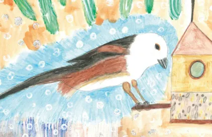 Die Zeichnung einer Schwanzmeise an einem Futterhaus.