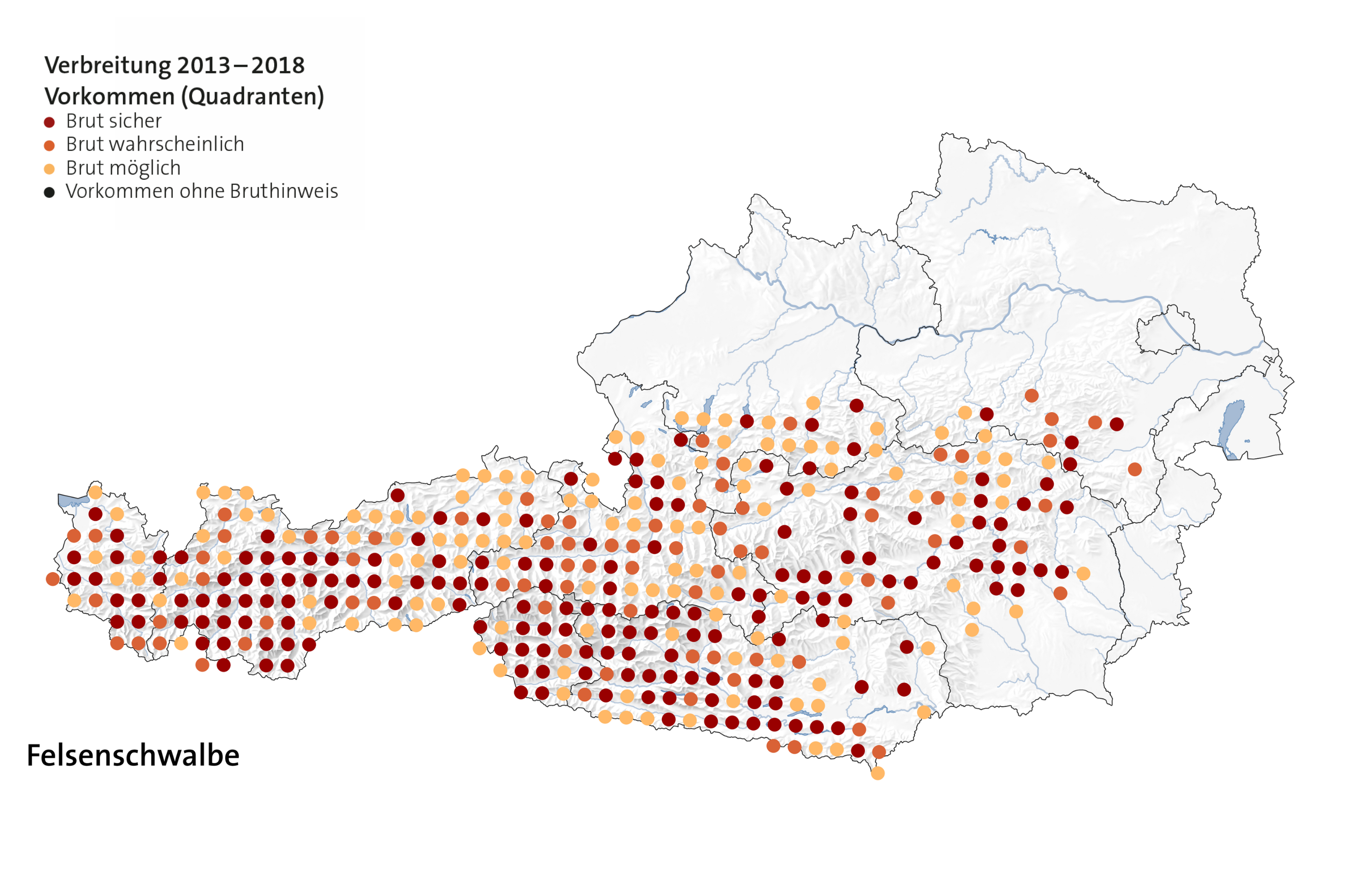 Auf dieser Karten sehen Sie die Verbreitung der Felsenschwalbe in Österreich.