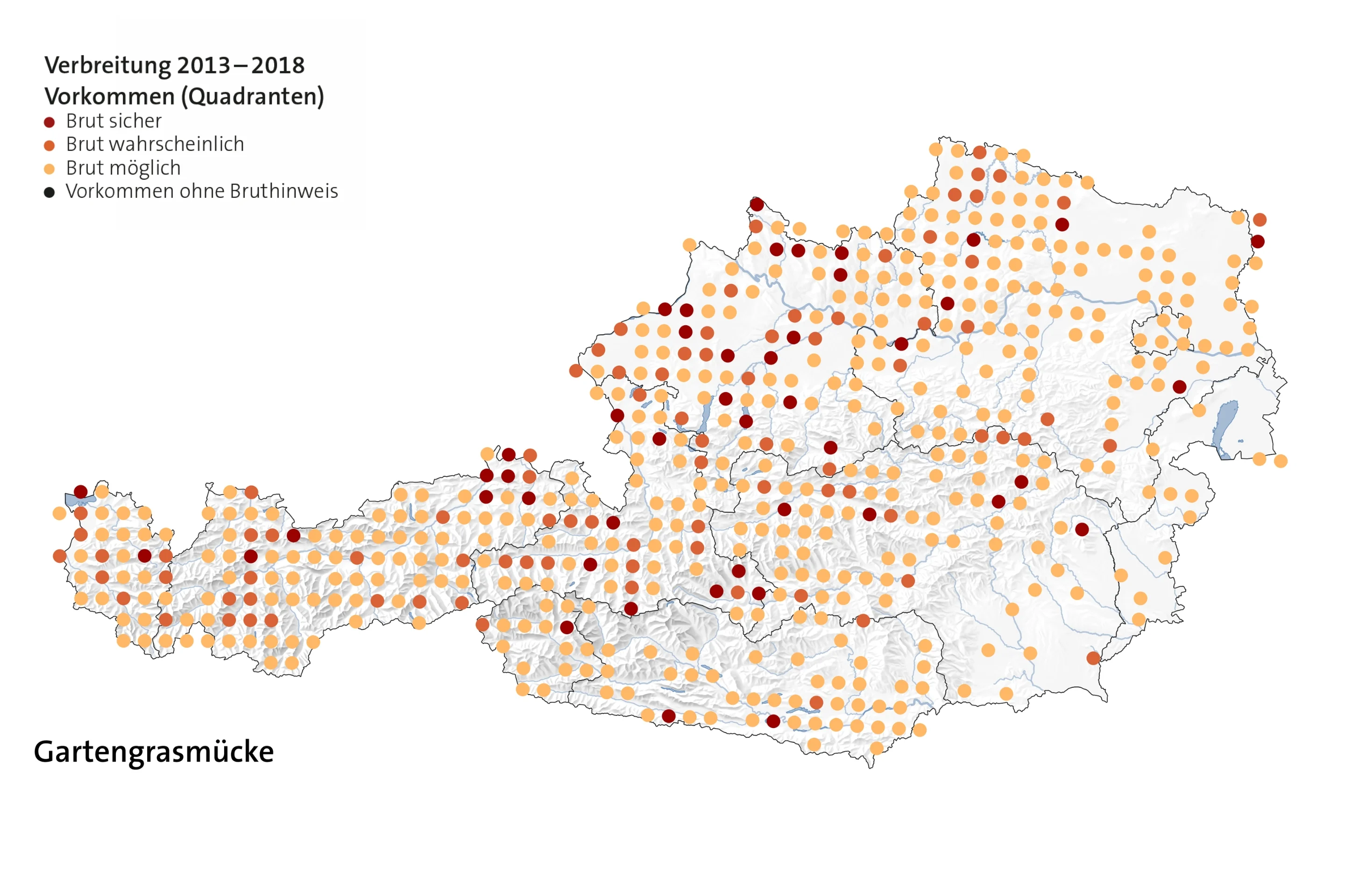 Auf dieser Karte ist die Verbreitung der Gartengrasmücke in Österreich mit Schwerpunkt auf den West abgebildet.