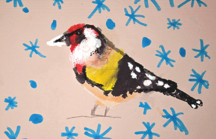 Eine Zeichnung eines Stieglitz von einem 6-Jährigen.