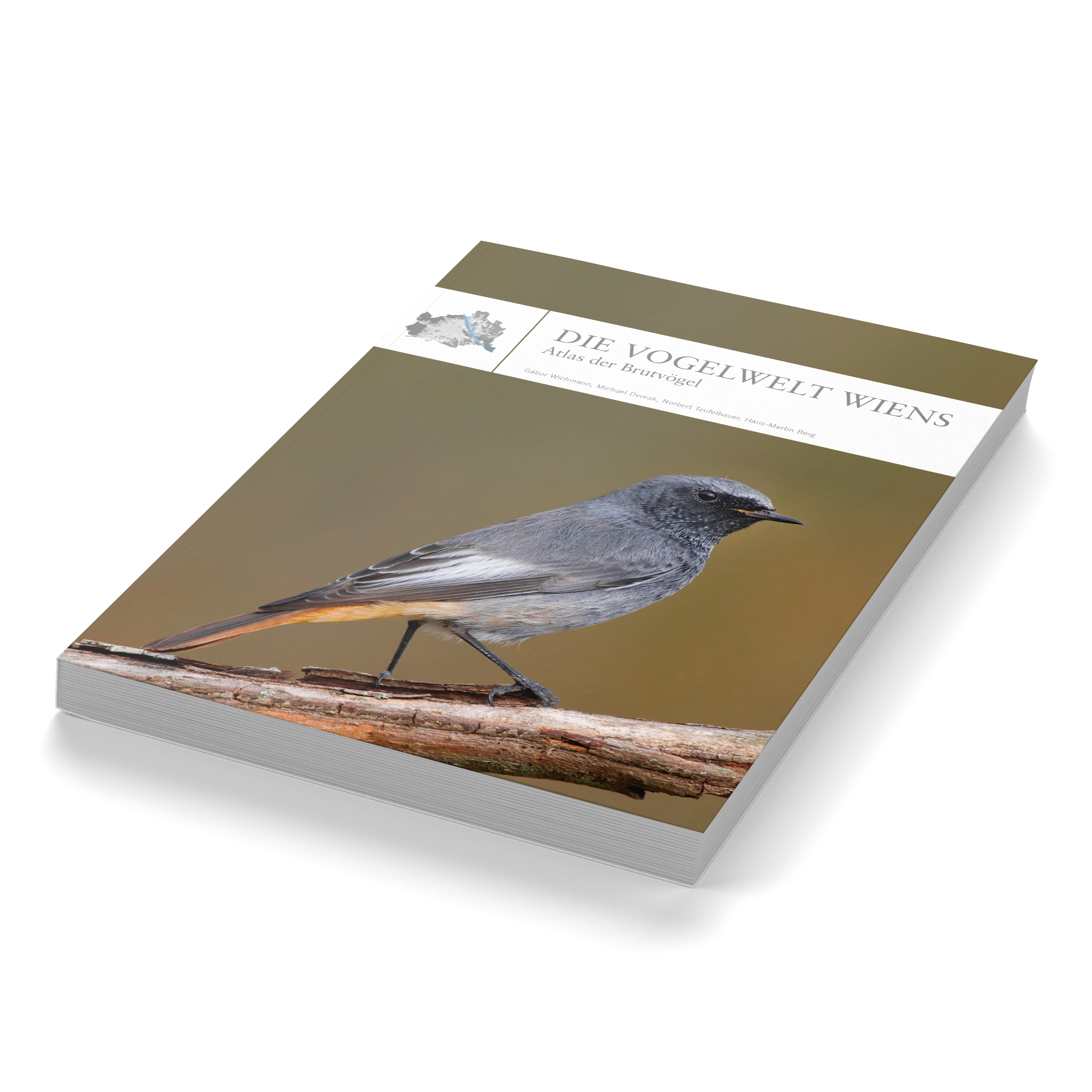 Die Abbildung zeigt das Cover des Wiener Brutvogelatlas mit einem männlichen Hausrotschwanz.