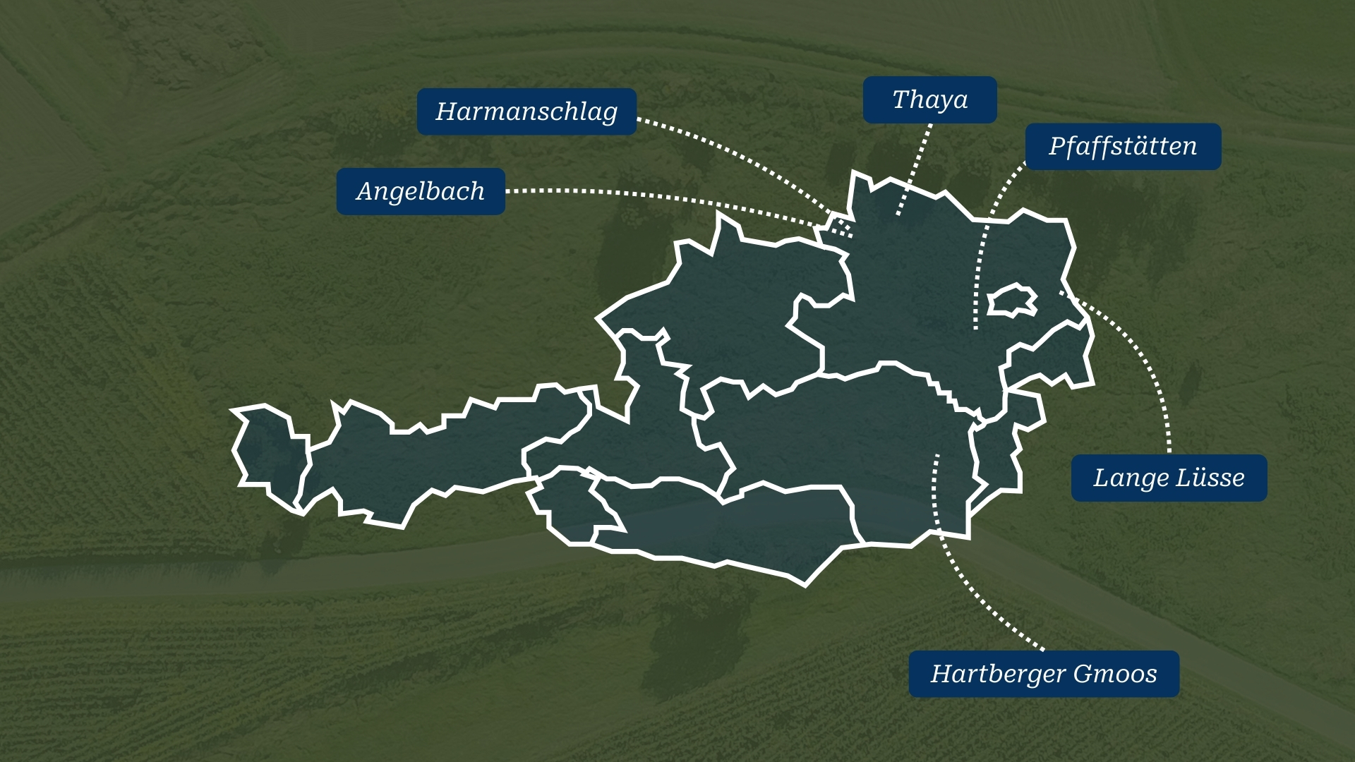 Eine Österreichkarte mit den sechs markierten BirdLife-Naturschutzflächen.