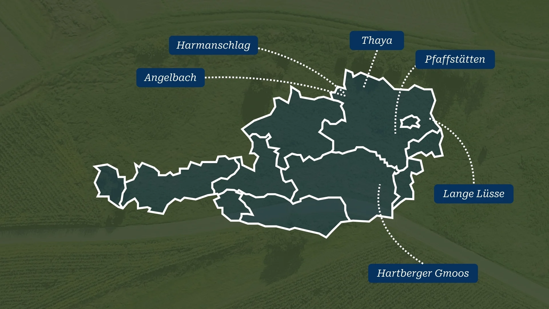 Eine Österreichkarte mit den sechs markierten BirdLife-Naturschutzflächen.