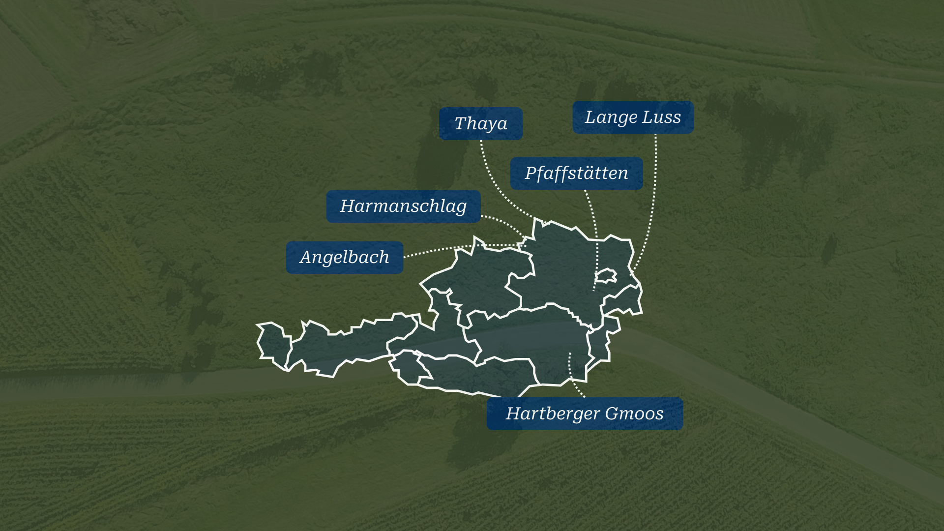 Eine Österreichkarte mit den sechs markierten BirdLife-Naturschutzflächen.