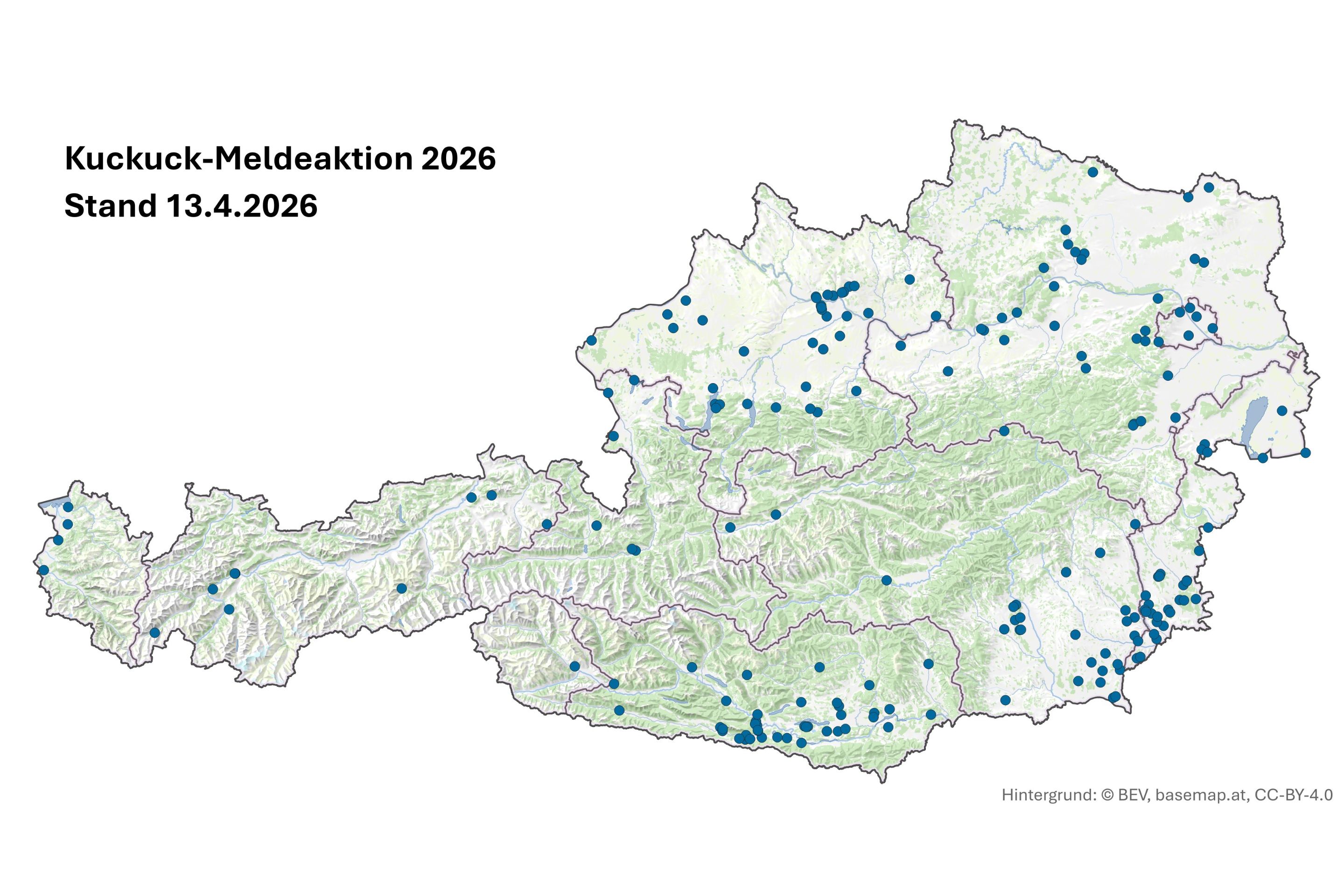 Diese Karte zeigt die ersten Kuckuck-Meldungen aus dem Jahr 2026.