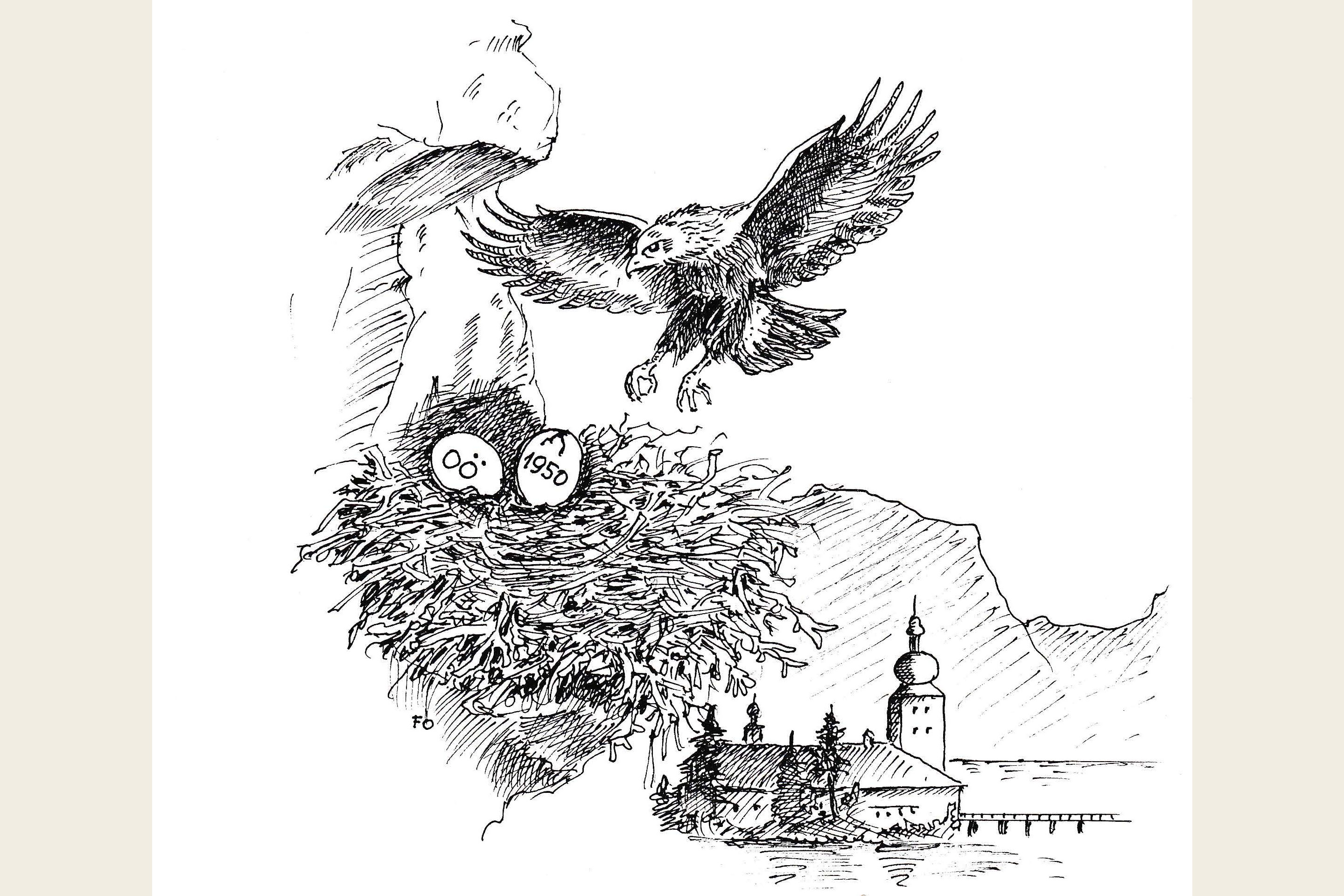Illustration von einem Steinadler, seinem Horst und Gmunden am Traunsee.