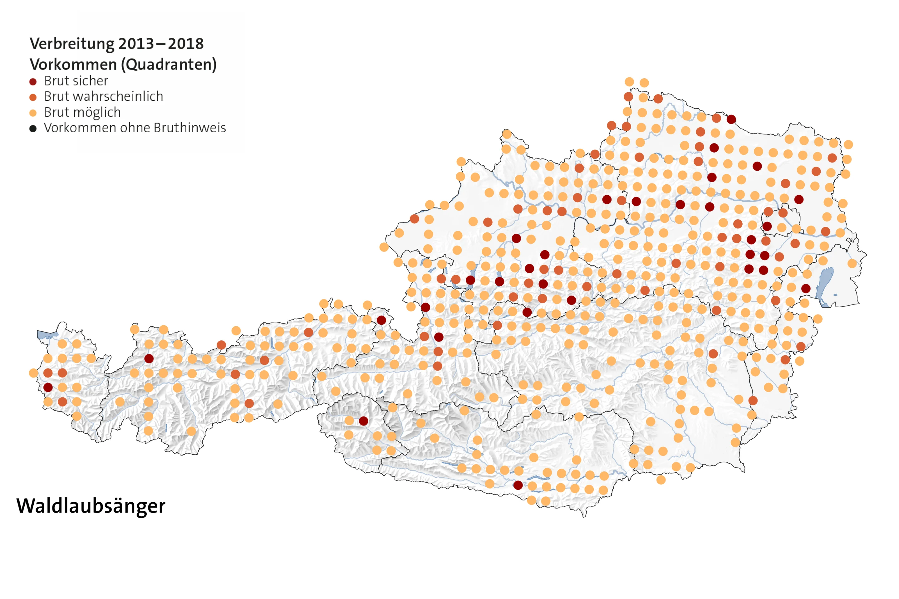 Verbreitungskarte vom Waldlaubsänger aus dem Österreichischen Brutvogelatlas.