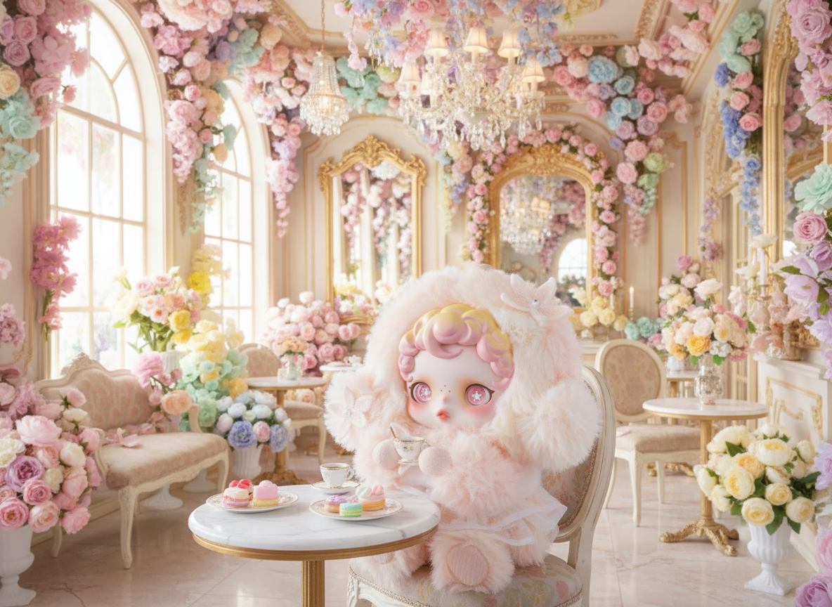Firefly パステルのお花基調の豪華なヨーロッパ風インテリアのカフェ、やわらかい光、引きの参照画像がカフェで座っている姿、フォルムはそのまま、スイーツやコーヒーを楽 (1) 