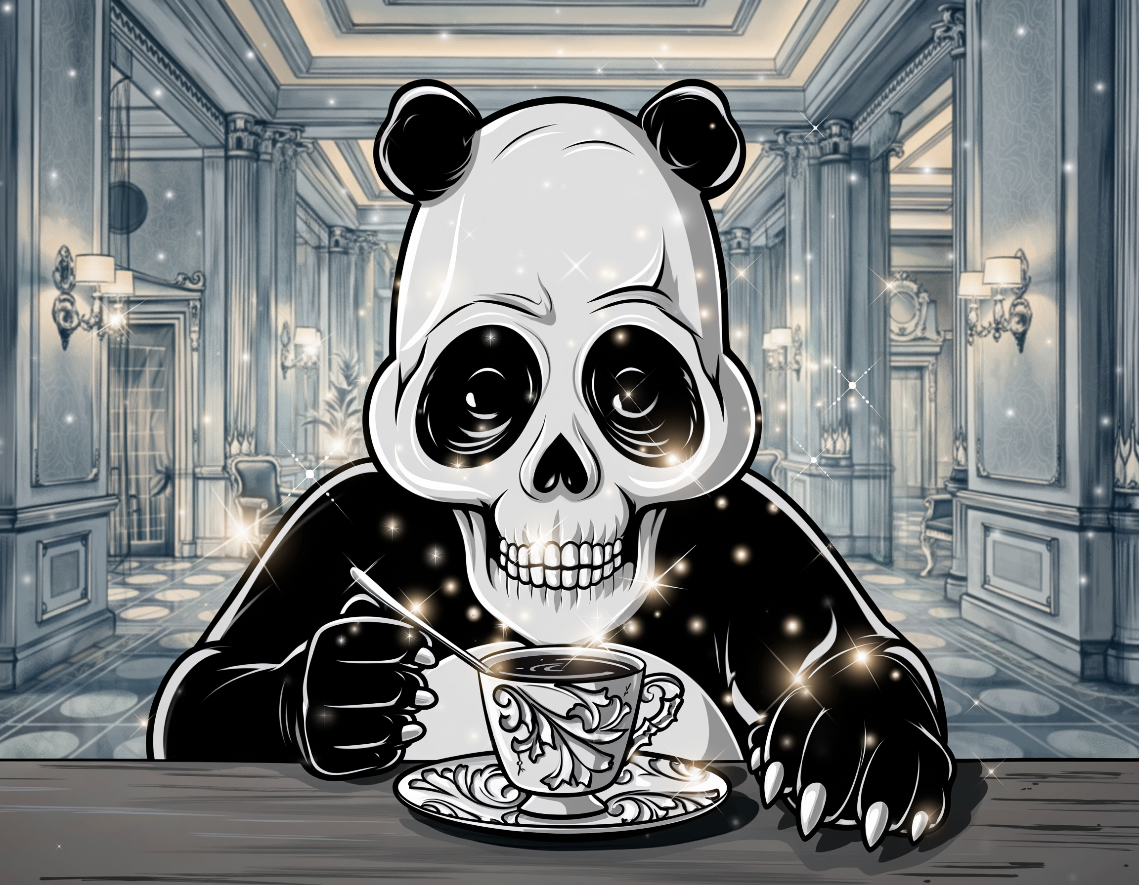Firefly POPMARTのスカルパンダが宮殿でコーヒーを飲む姿、やわらかい光、キラキラ 142875