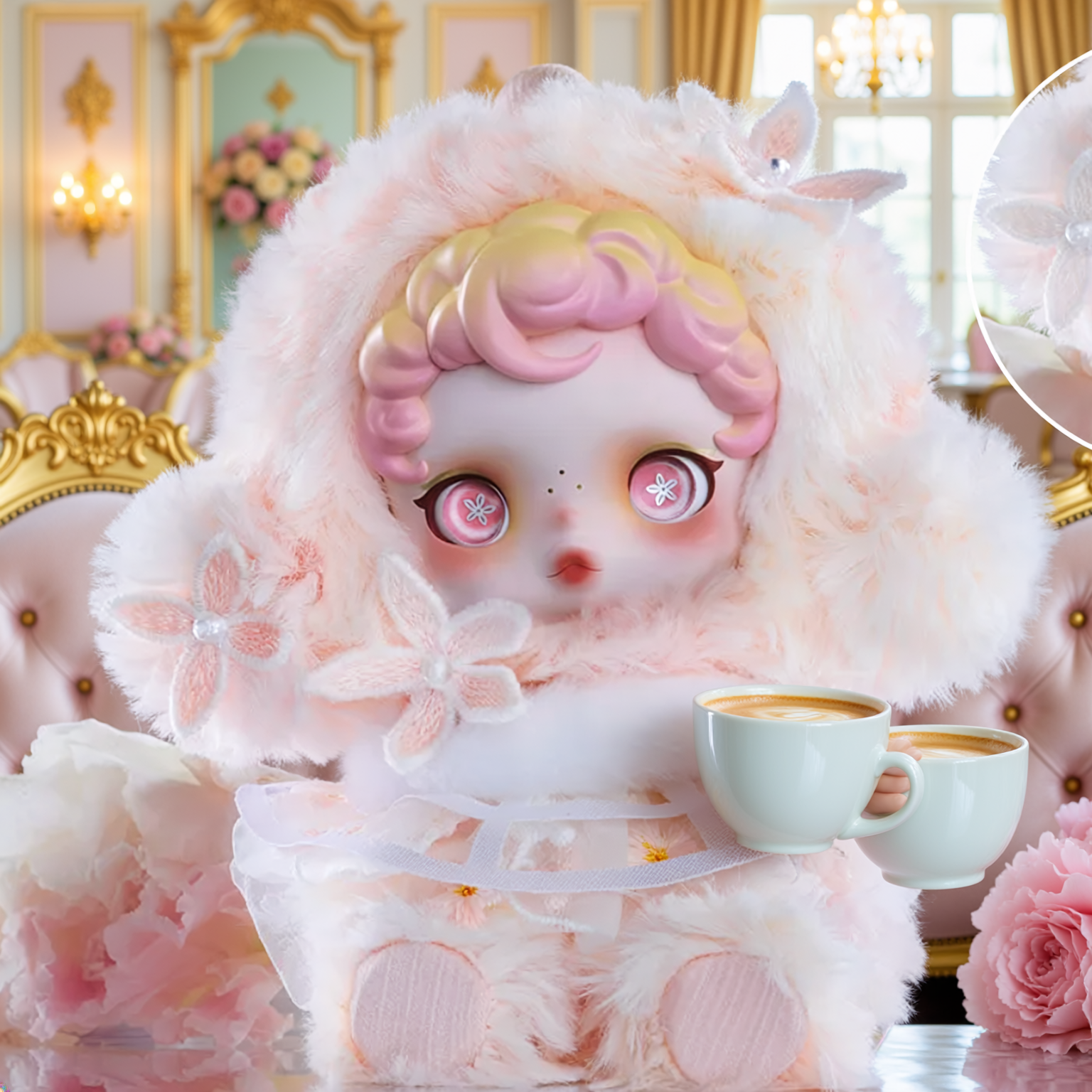 Firefly パステルのお花基調の豪華なヨーロッパ風インテリアのカフェ、やわらかい光、引きの参照画像がカフェで座っている姿、フォルムはそのまま、スイーツやコーヒーを楽し 