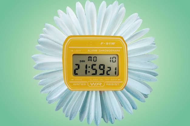 Abstract digital clock with flower petals around it. 
