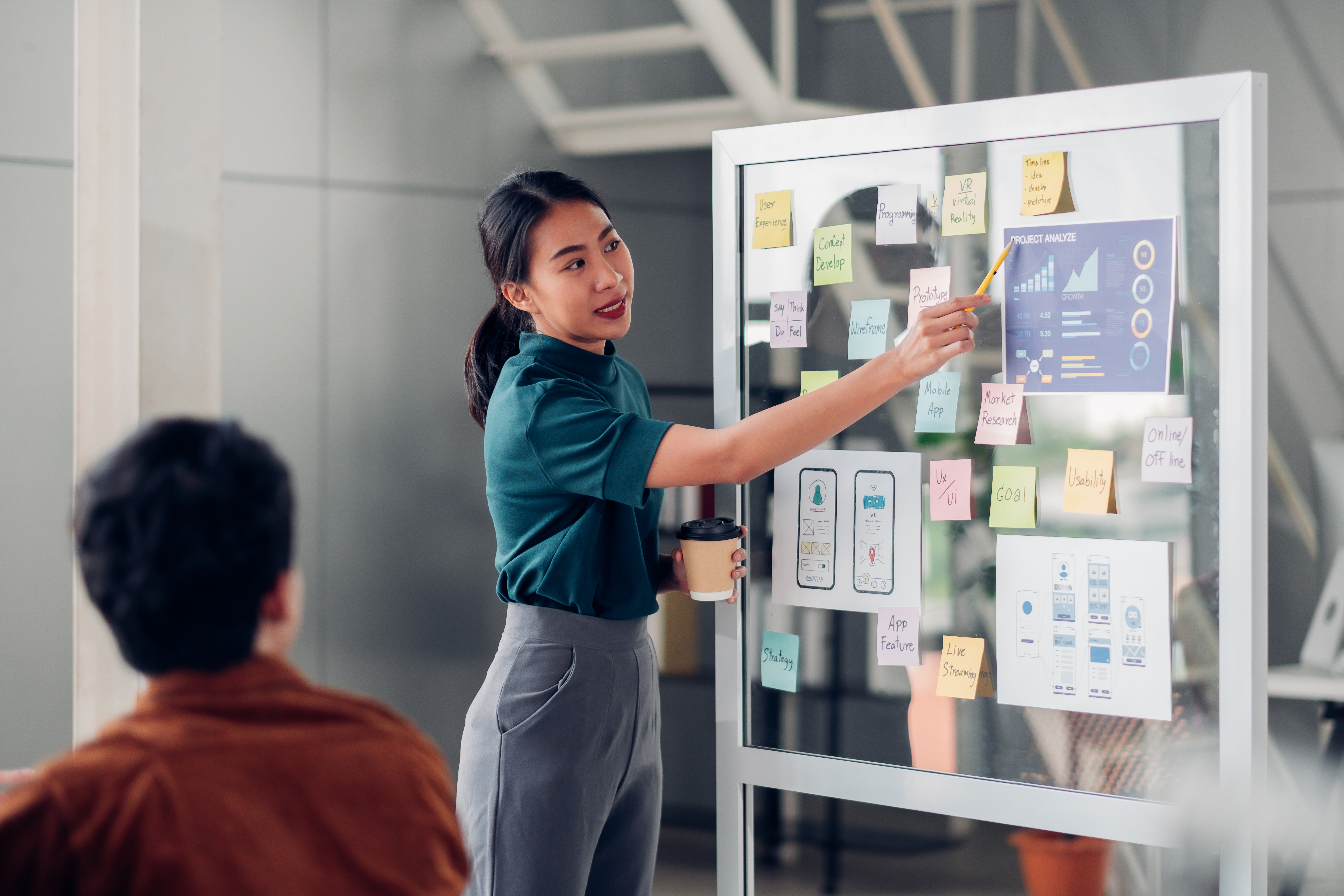 woman presenting on a whiteboard