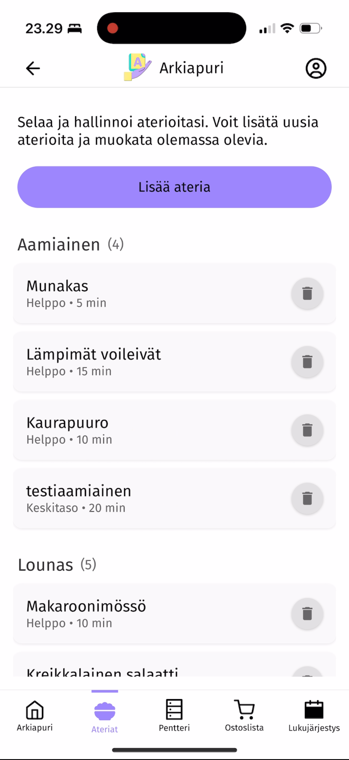 Arkiapuri-sovelluksen Ateriat-alkunäkymä