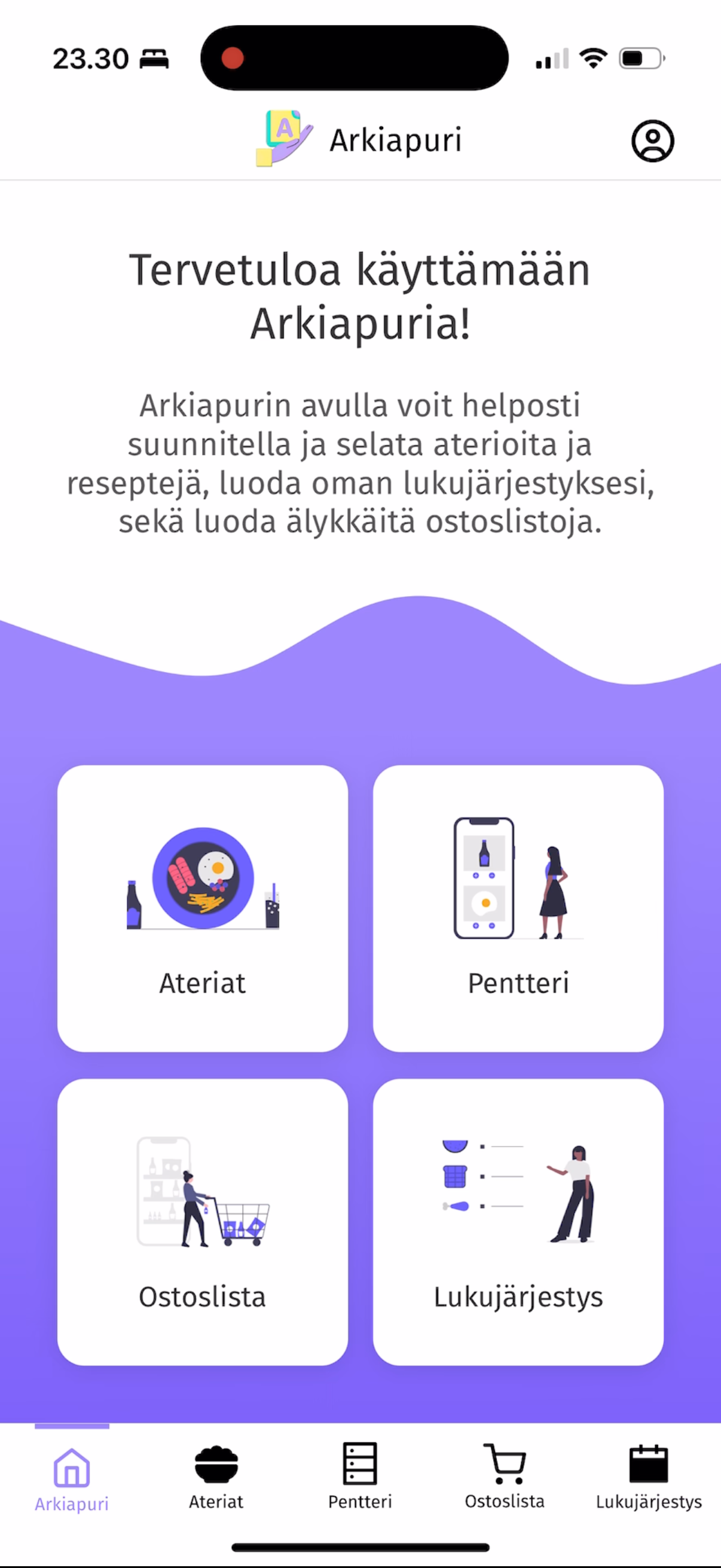 Arkiapurin aloitusnäkymä