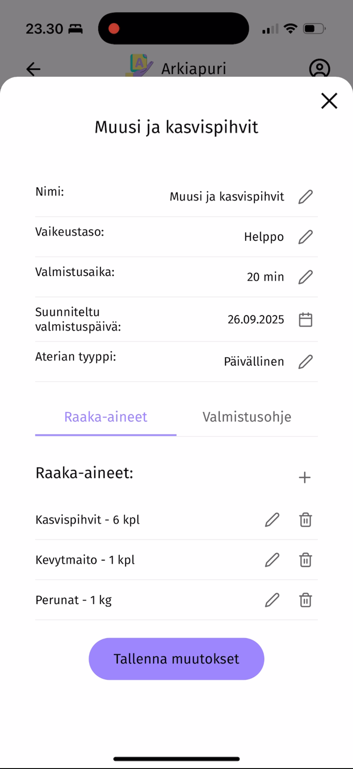 Modaali jossa voi muokata aterian tietoja