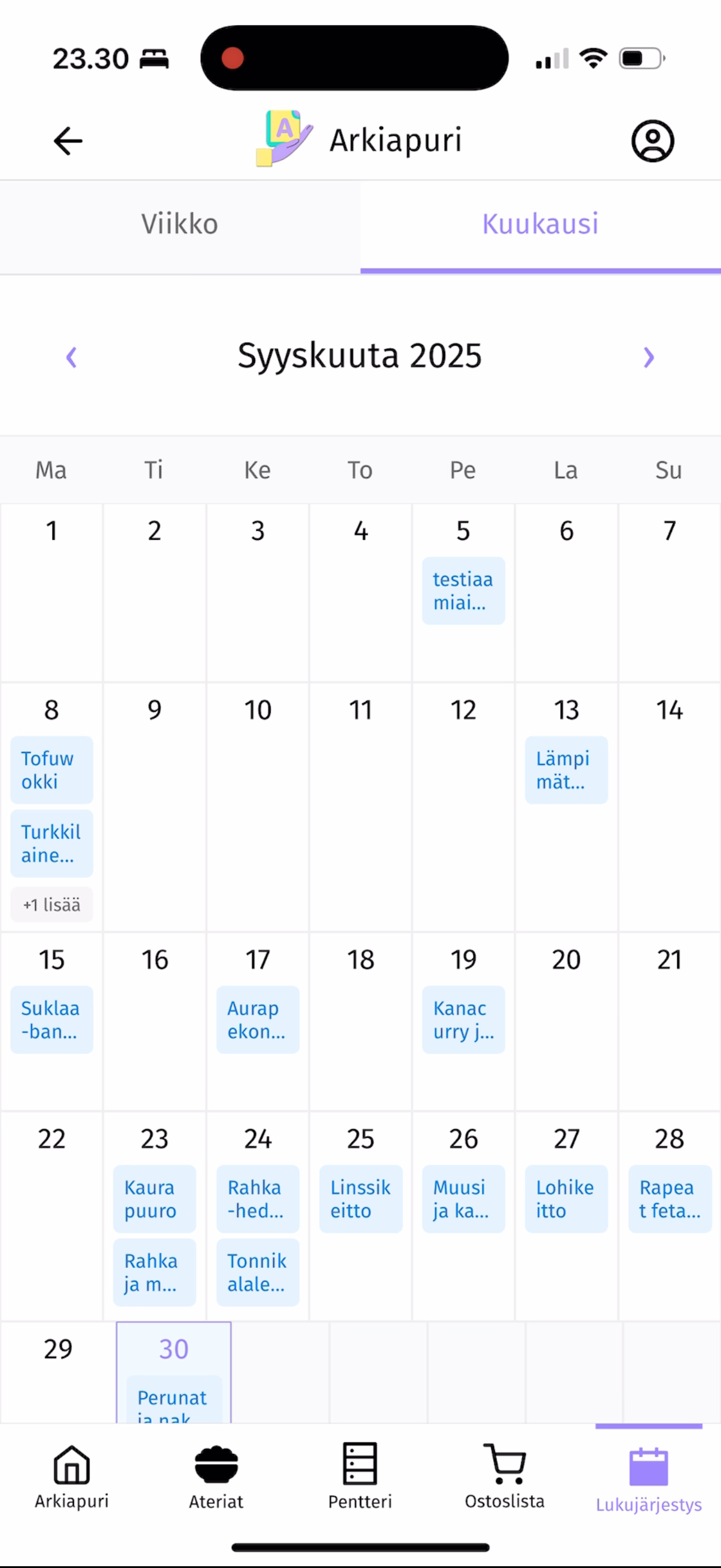 Lukujärjestyksen välilehti, jossa ateriasuunnitelmat näkyvät kuukausitasolla.