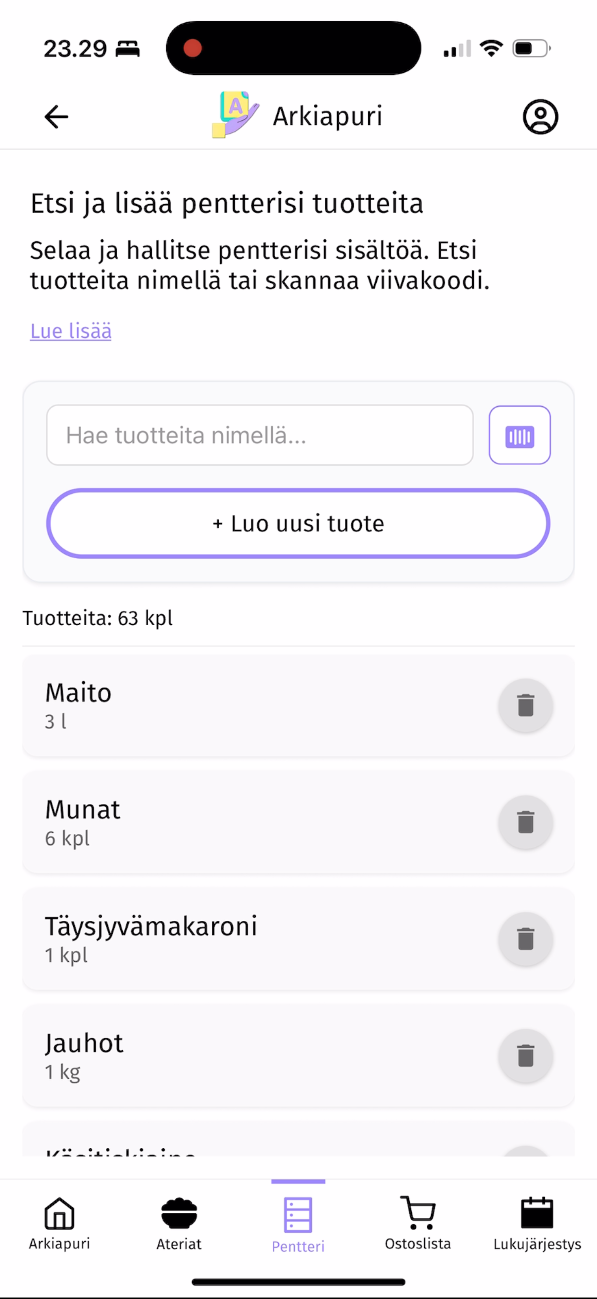 Näkymä pentterin listasta
