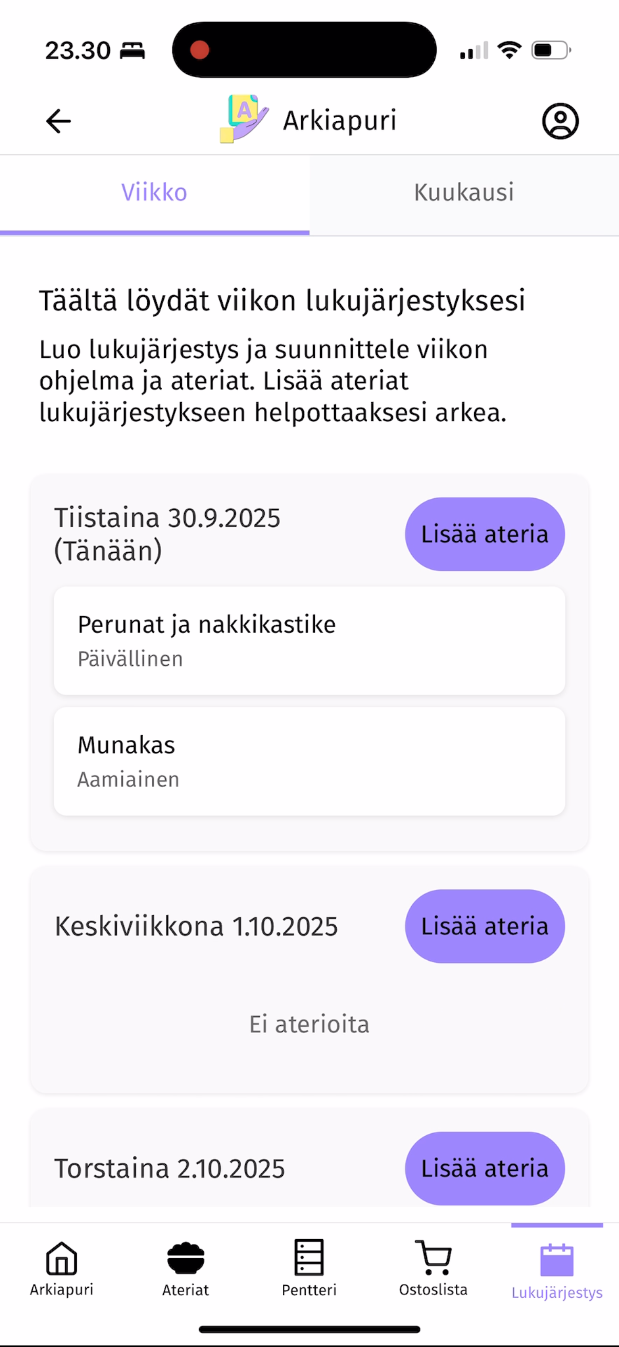 Arkiapurin Lukujärjestys-näkymän alkunäkymä