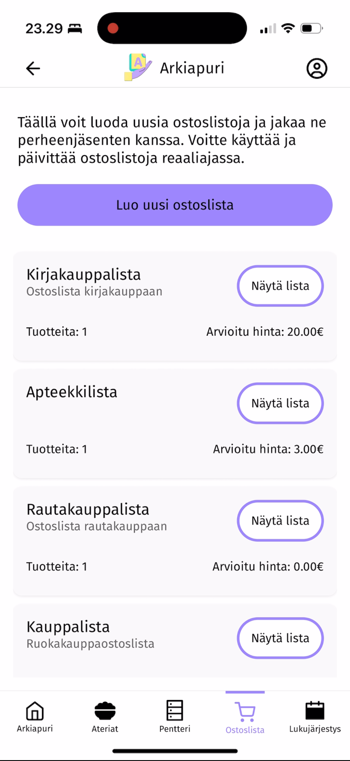 Näkymä, jossa listataan käyttäjän luomat eri ostoslistat