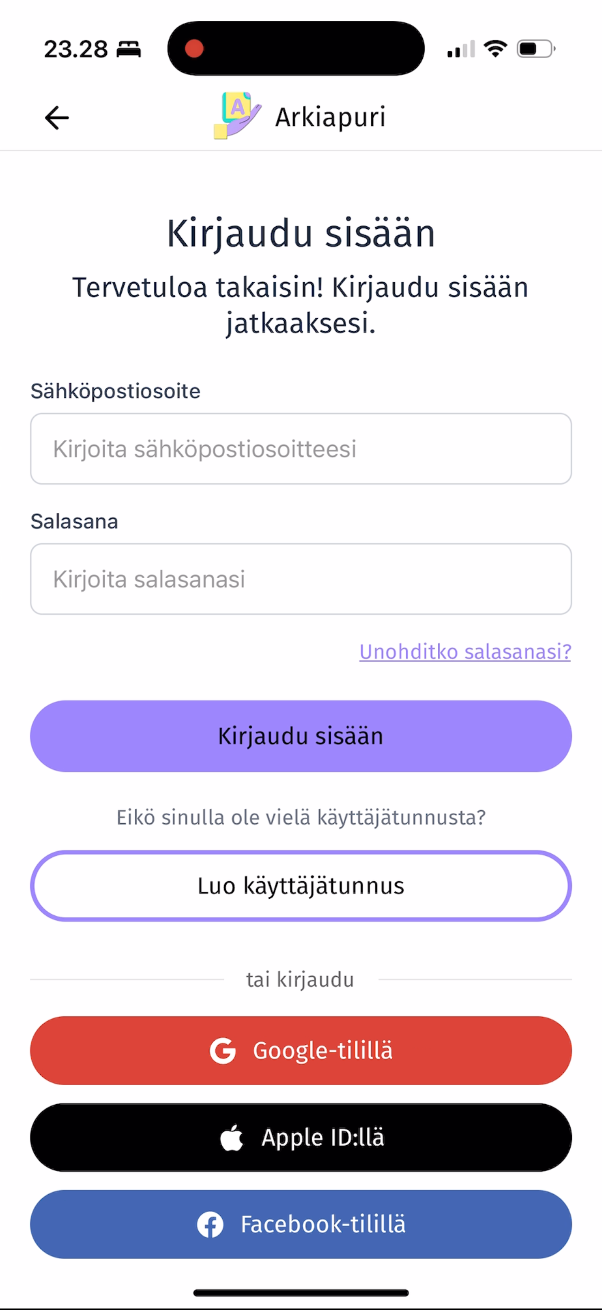 Näkymä sisäänkirjautumisvaiheesta