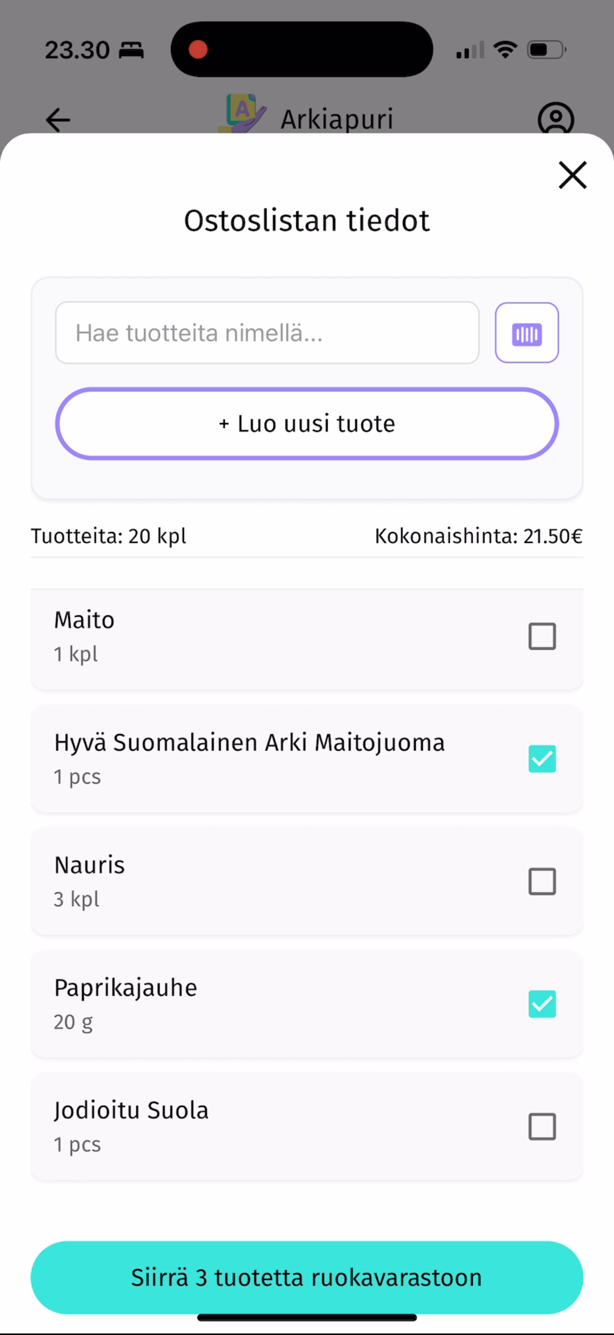 Arkiapurin ostoslistanäkymän listaosa.