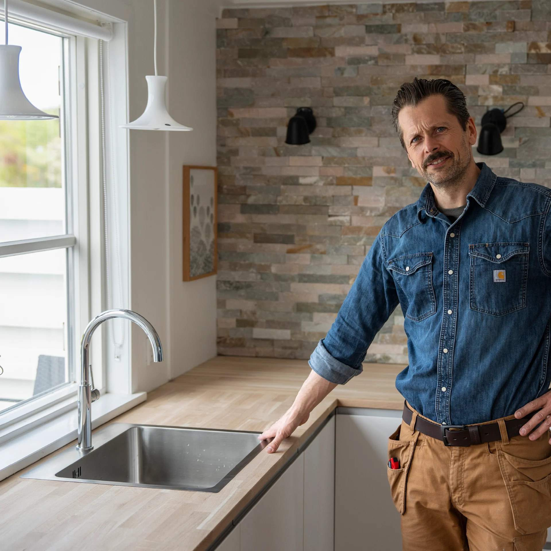 Jacob Carlsson viser færdigt resultat med ny køkkenbordplade monteret.