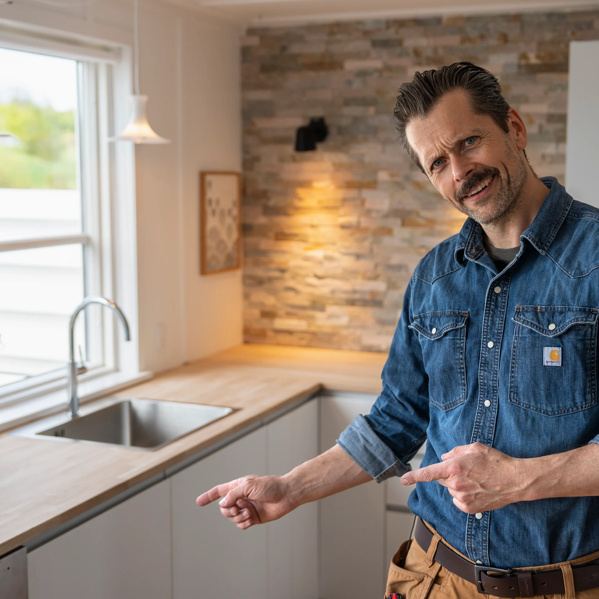 Det færdige resultat er et opfrisket køkken med ny bordplade, køkkenvask og køkkenarmatur.