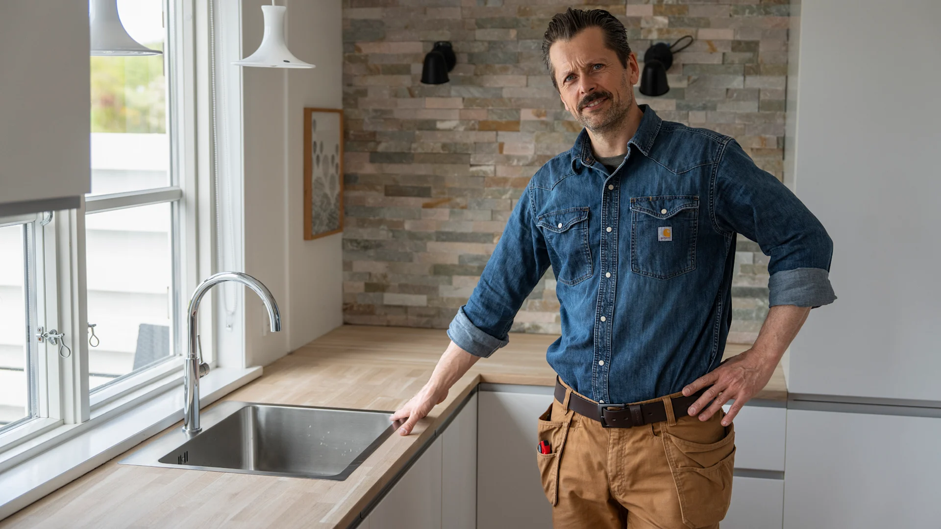 Jacob Carlsson viser færdigt resultat med ny køkkenbordplade monteret.