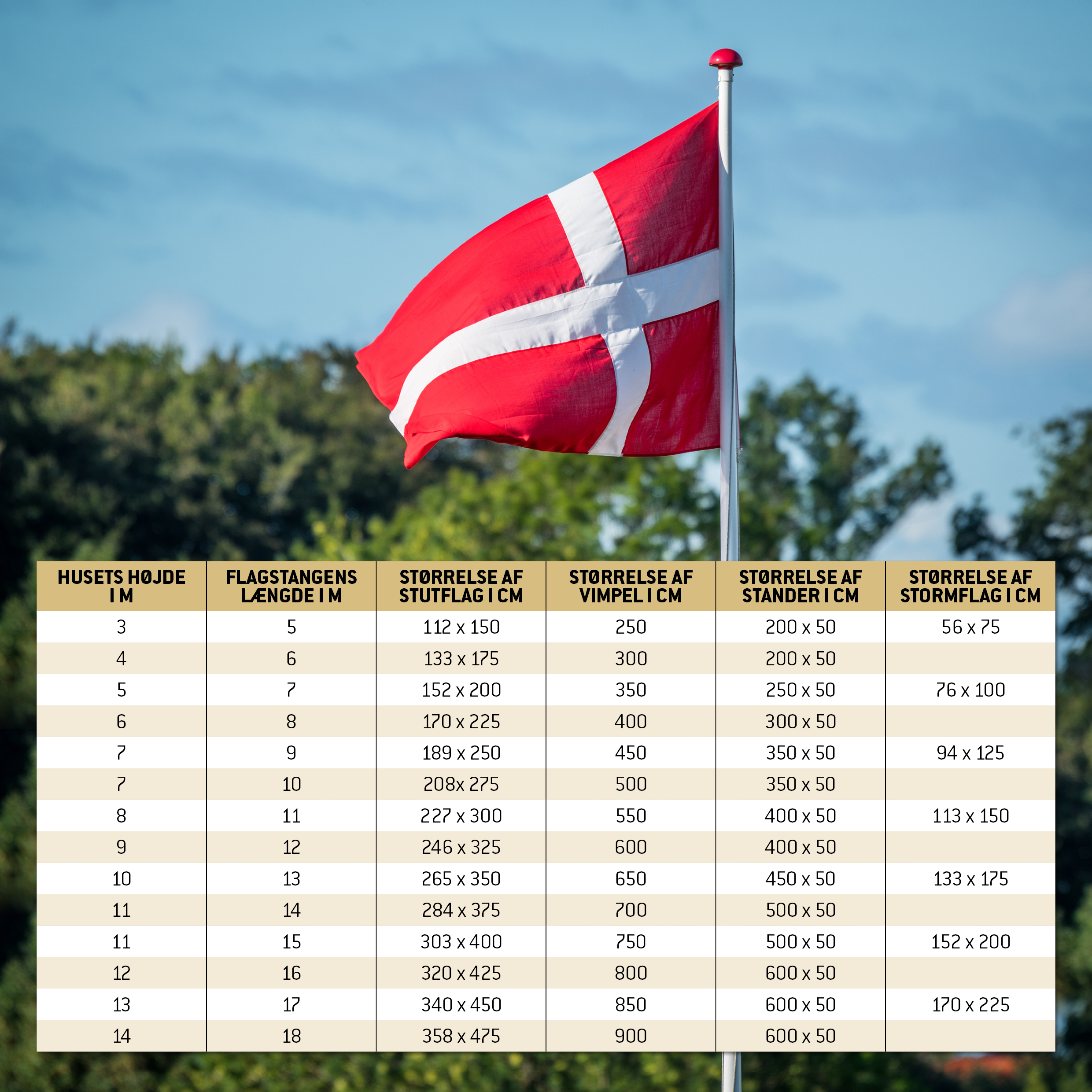 Tabel over flagstangs spcifikationer