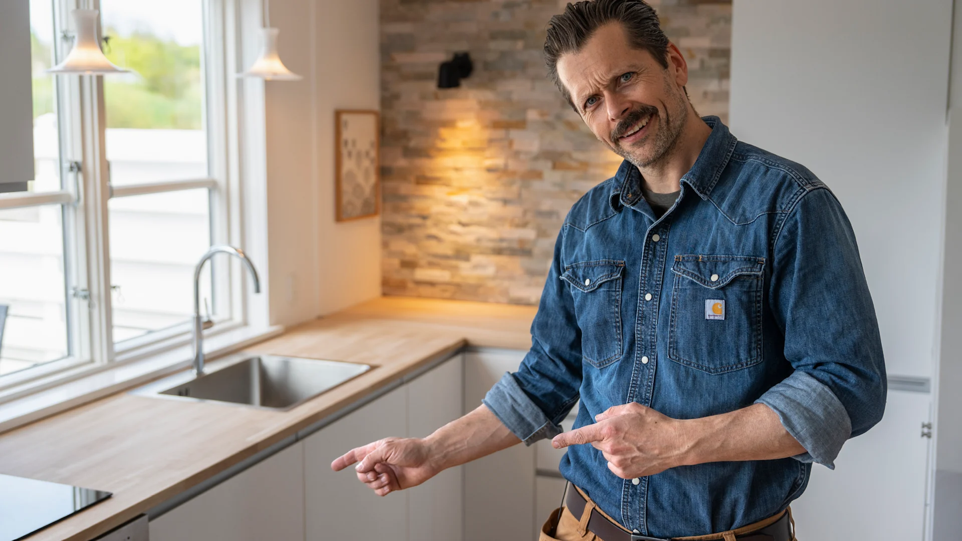 Det færdige resultat er et opfrisket køkken med ny bordplade, køkkenvask og køkkenarmatur.