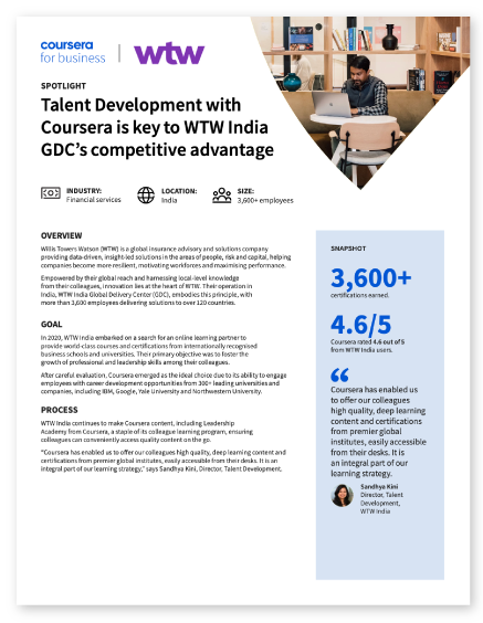 Talent Development with Coursera is key to WTW India GDC’s competitive advantage