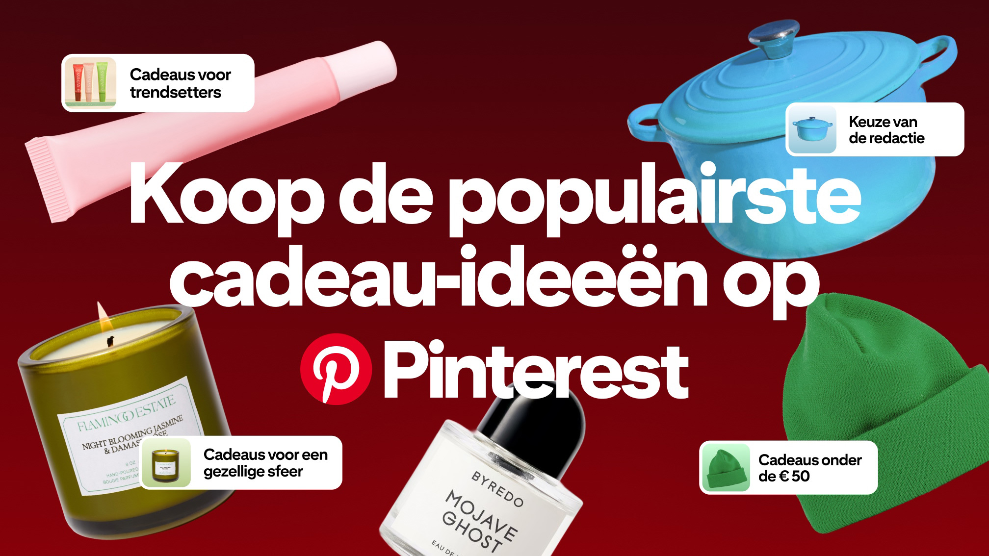 Graphic with a red background featuring various gift items, including a pink tube of cream, blue Dutch oven, green candle, green beanie, and perfume bottle. Large text in the center reads, 'Shop the best gift ideas on Pinterest.'