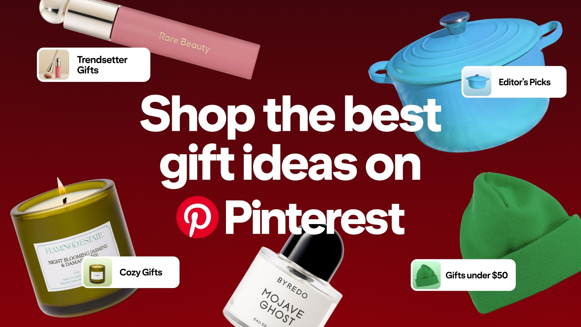 Graphic with a red background featuring various gift items, including a pink tube of cream, blue Dutch oven, green candle, green beanie, and perfume bottle. Large text in the center reads, 'Shop for the best gift ideas on Pinterest.'