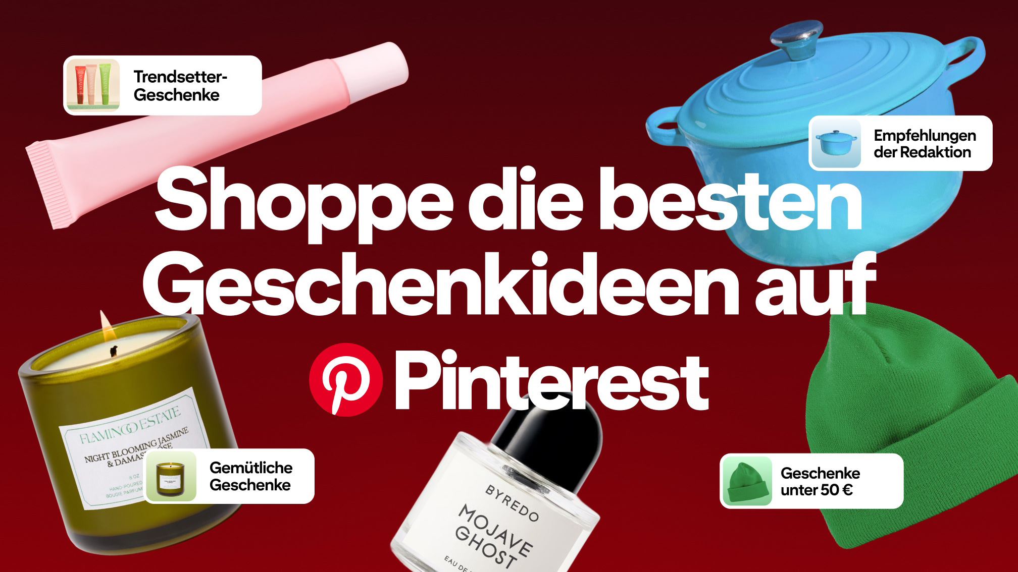 Grafik mit rotem Hintergrund, auf der verschiedene Geschenkartikel zu sehen sind, darunter eine pinkfarbene Creme-Tube, ein blauer Dutch Oven, eine grüne Kerze, eine grüne Mütze und ein Parfümflakon. In der Mitte steht ein großer 
