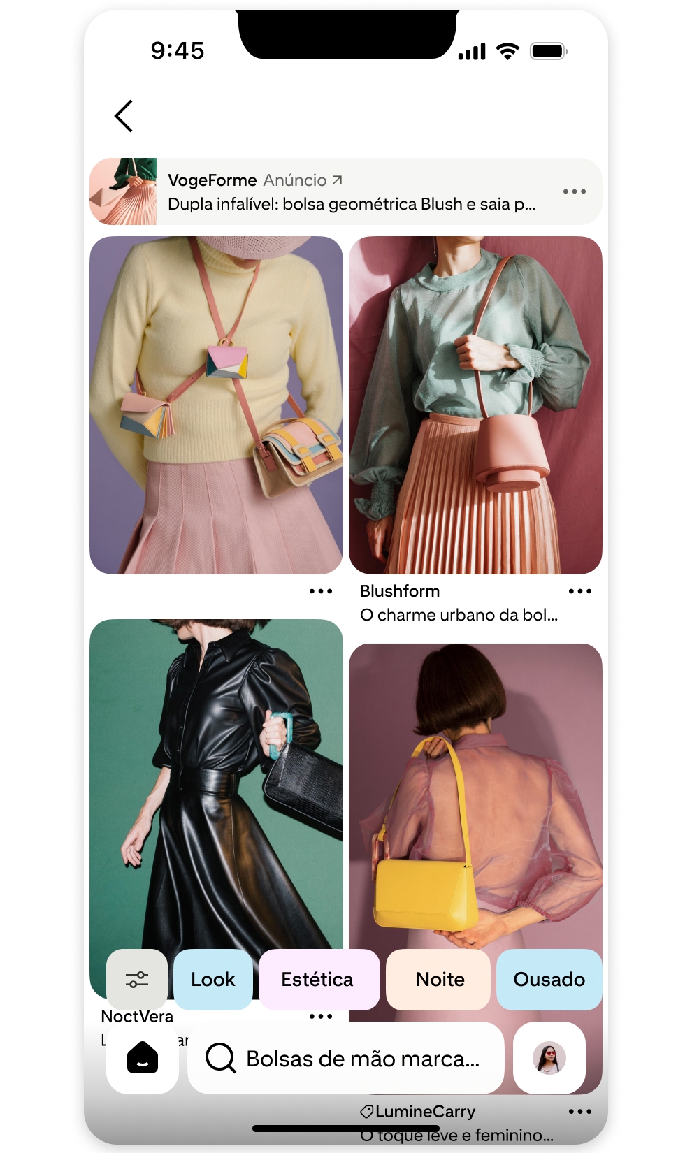 Visual Search Ads - duas imagens mostrando uma busca por uma bolsa marcante, o Pin selecionado e o anúncio exibido na parte superior da imagem com uma bolsa semelhante. 