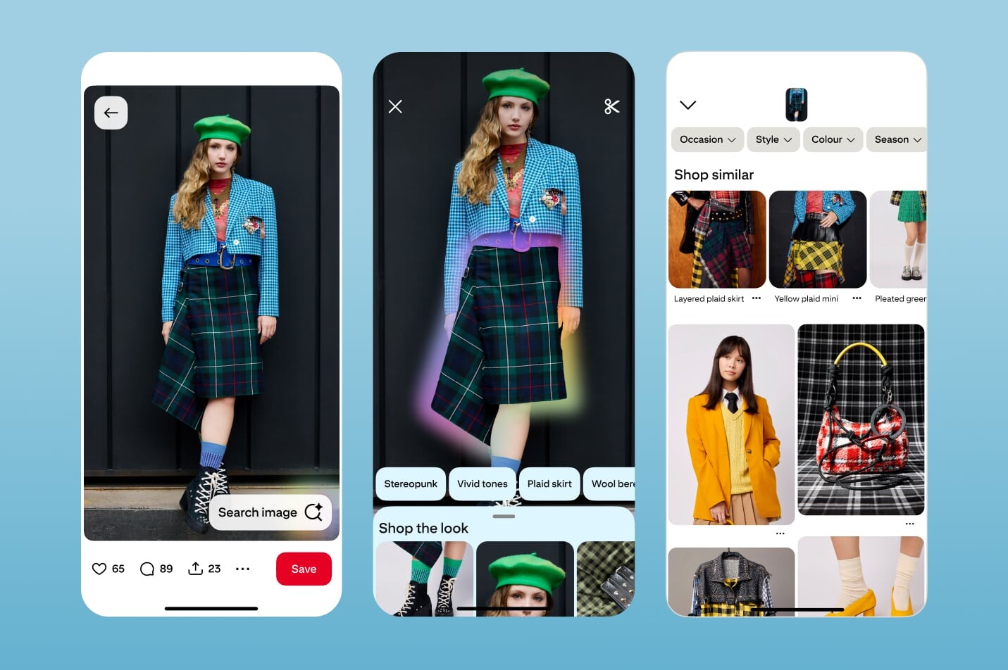 Images show: a fashion image, a close-up highlighting the skirt and the options that appear (shop the look and search terms stereopunk, vivid tones, plaid skirt), and the products that appear under "shop similar", as well as the search refinement options