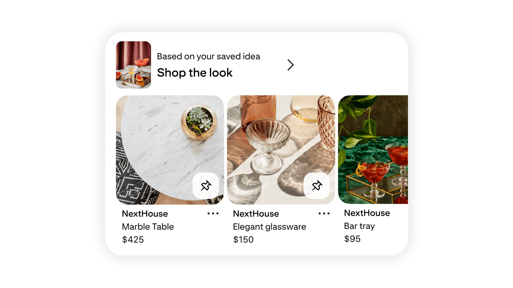 A Pinterest shopping recommendation showing a marble table, elegant glassware, and a bar tray