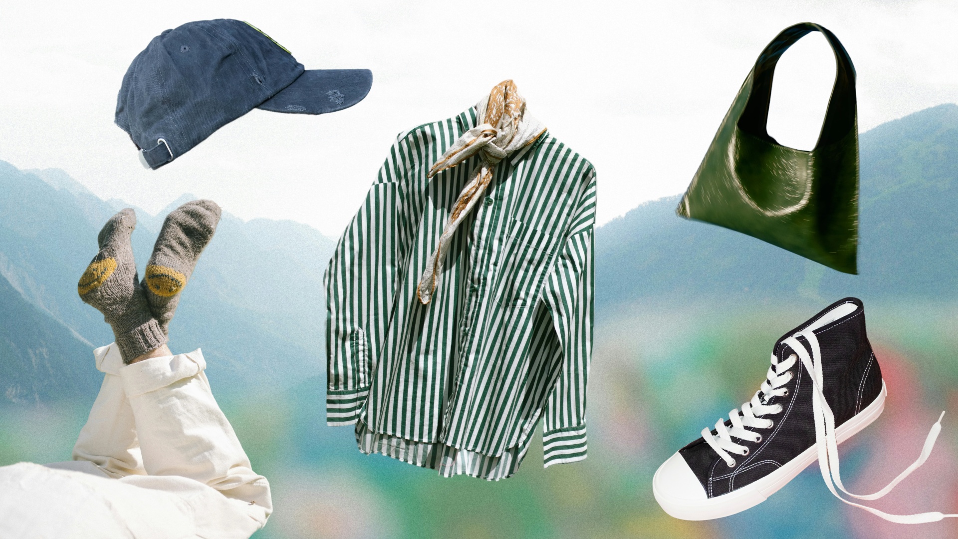 Outdoor-themed collage featuring a striped shirt with scarf, green bag, navy cap, black high-top sneaker, and cozy socks with smiley faces, all set against a soft mountain landscape background.