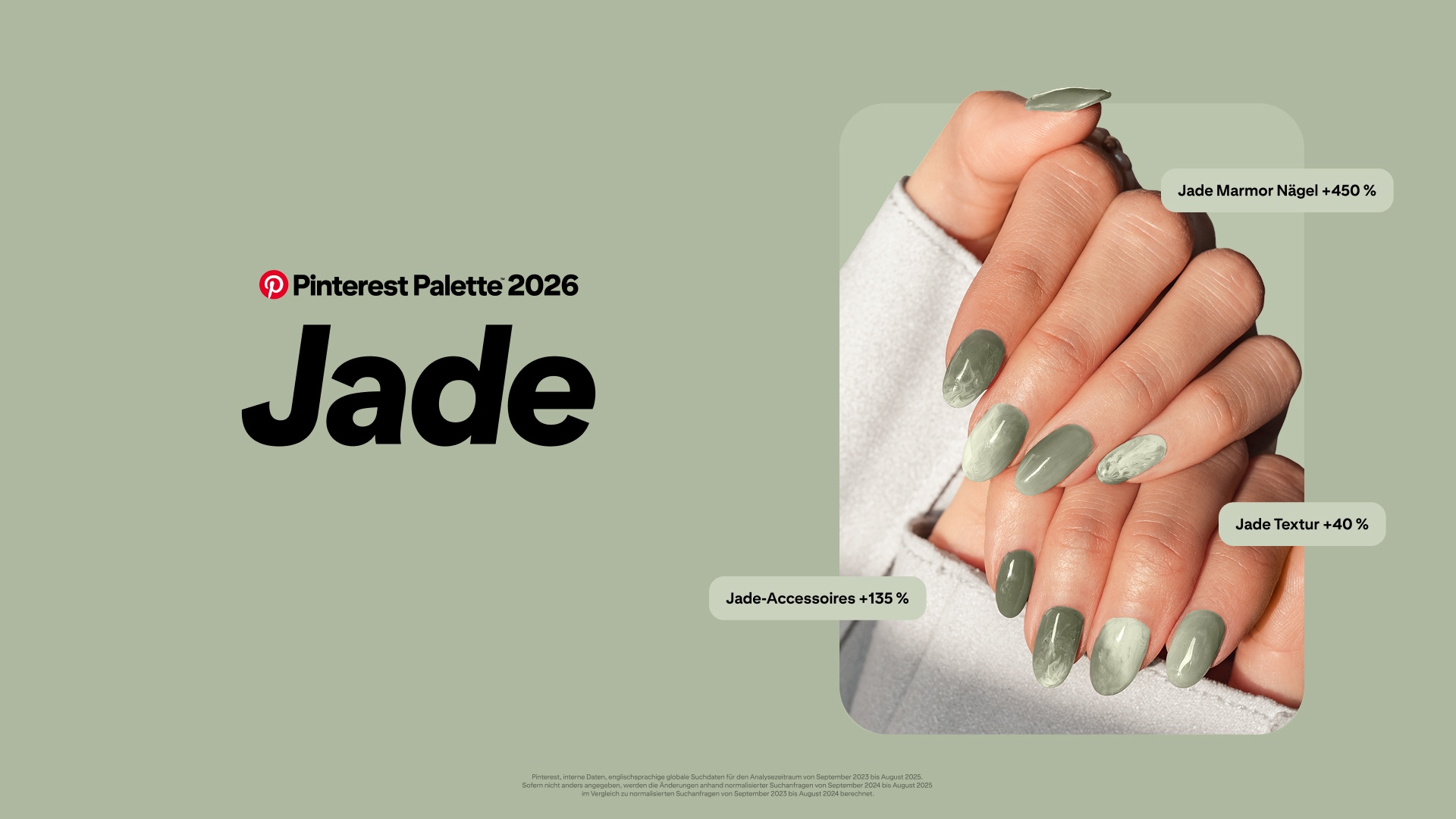 Ein gedämpfter salbeigrüner Hintergrund mit großem schwarzen Text 'Pinterest Palette 2026 Jade.'