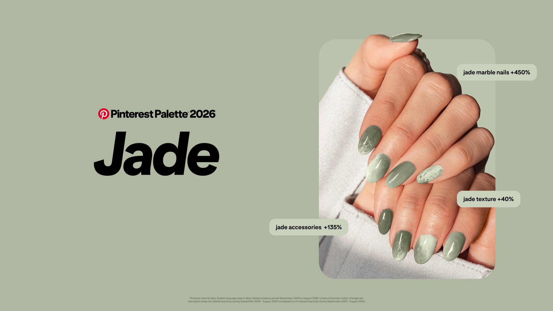 A muted sage‑green background with large black text reading “Pinterest Palette 2026 Jade.” 