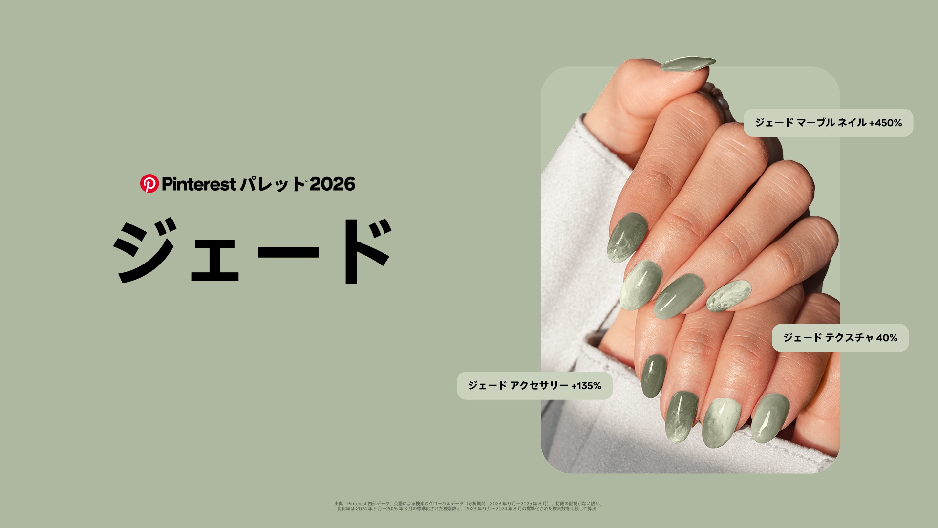 落ち着いたセージグリーンの背景に、大きな黒い文字で「Pinterest パレット 2026 ジェイド」と書かれています。右側には、2本の手のクローズアップがあり、光沢のあるジェイドトーンで塗られたアーモンド型のロングネイルが映し出されています。そのうち1本はジェイドのマーブル柄のアクセントネイルです。手の周りには「ジェード マーブル ネイル +450%」「ジェード テクスチャ+40%」「ジェード アクセサリー +135%」というラベルが付いています。