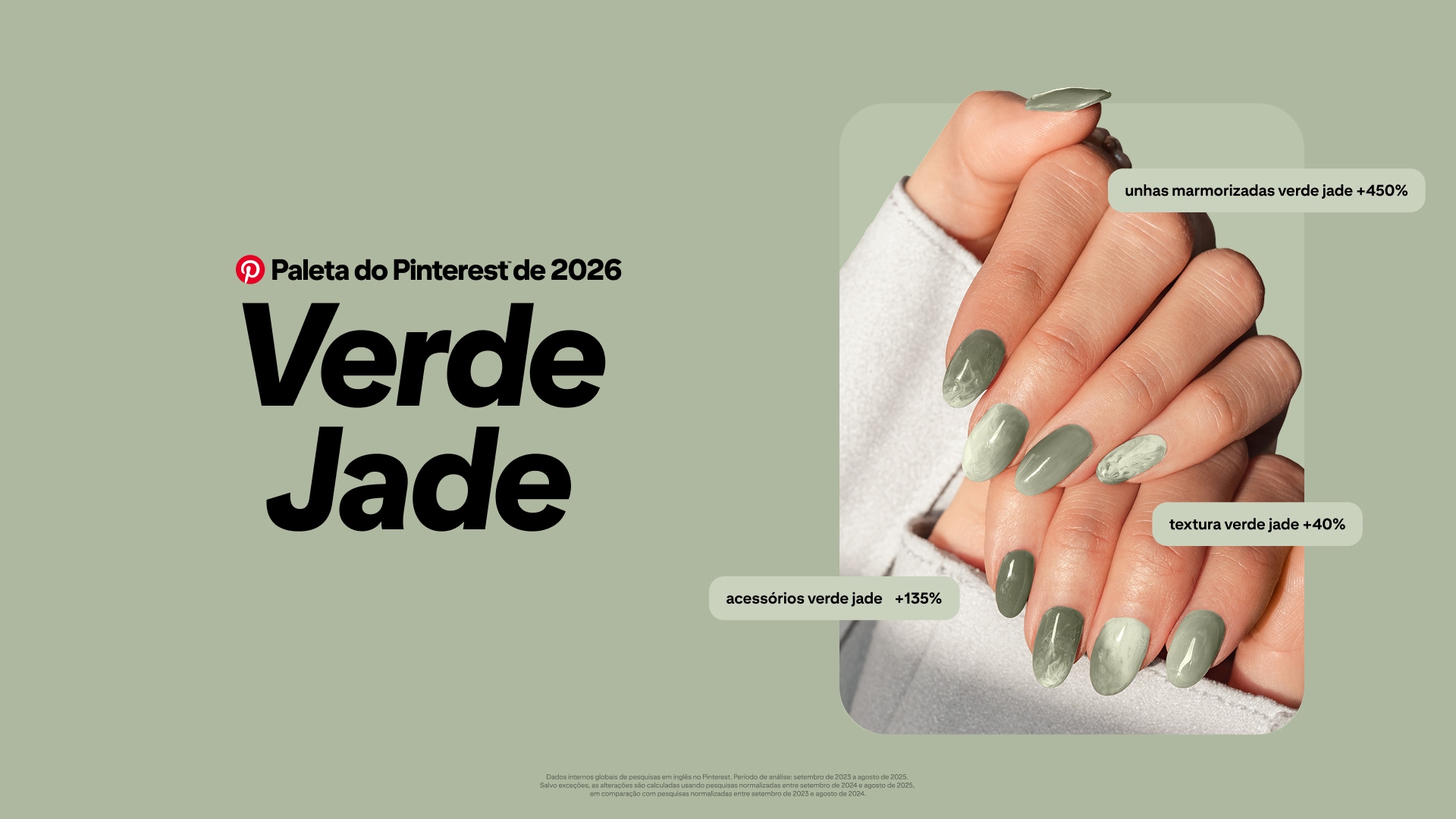 Um fundo verde‑sálvia suave com um grande texto em preto dizendo “Paleta do Pinterest de 2026 Verde Jade”.
